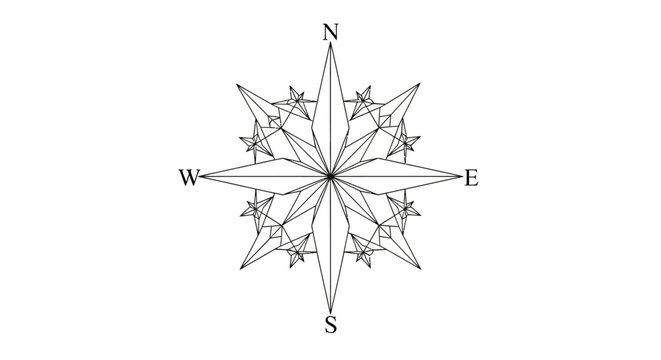 Black and white line art compass rose with cardinal directions