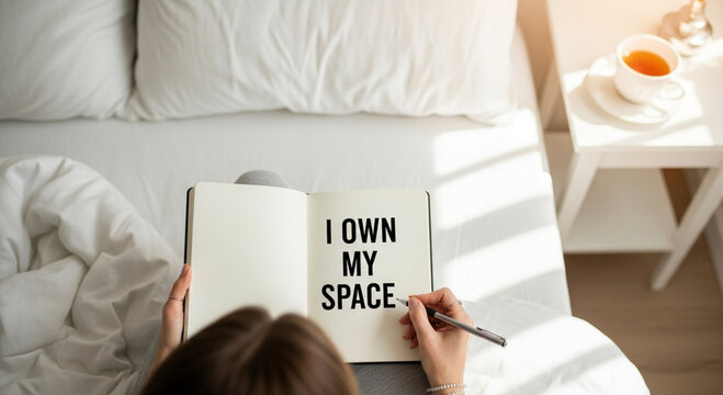 Personal Empowerment Concept with Woman Writing I Own My Space in Journal in Sunny Bedroom