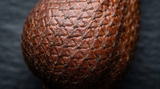 Macro Close Up of Fresh Snake Fruit Salak With Detailed Reptile-Like Scaly Brown Skin Texture on Dark Slate Background