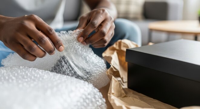 Unboxing experience with vibrant bubble wrap and a black package being opened in a cozy living room. Unboxing includes care and excitement for contents inside,