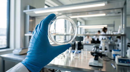 Fototapeta premium A scientist wearing a blue nitrile glove holds a clear glass petri dish up to the bright overhead lights during a daily medical research experiment.