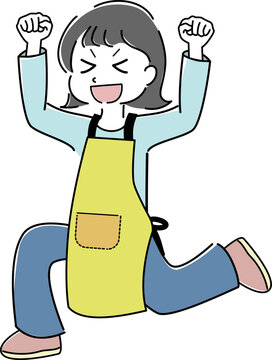 ガッツポーズをして喜ぶエプロン姿の女性の全身イラスト（主婦・仕事・かけ足・ジャンプ） / Full-Body Illustration of a Joyful Woman Wearing an Apron Making a Fist Pump While Running and Jumping (Housewife, Work, Running, Jumping)
