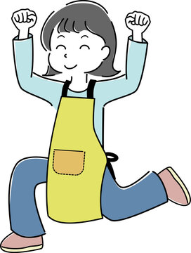 ガッツポーズをして微笑むエプロン姿の女性の全身イラスト（主婦・仕事・かけ足・ジャンプ） / Full-Body Illustration of a Smiling Woman Wearing an Apron Making a Fist Pump While Running and Jumping (Housewife, Work, Running, Jumping)