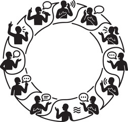 Naklejka premium Circular frame of people communicating with speech bubbles and gestures in a minimalist black and white vector