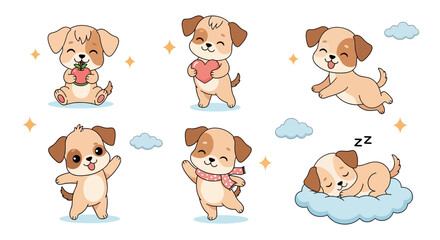 Fototapeta premium Cute Cartoon Puppy Set with Various Poses and Expressions