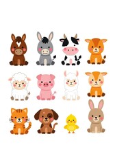 Naklejka premium Cute Cartoon Farm Animals Collection Set with Cow, Pig, Sheep, Horse, Dog, Cat, and Rabbit for Kids Illustration
