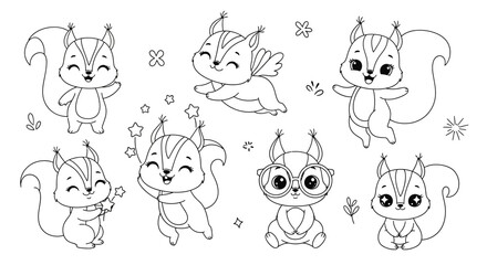 Fototapeta premium Cute Squirrel Coloring Page Set with Magical Forest Creatures