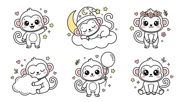 Cute Cartoon Monkey Set, Hand-Drawn Doodle Characters for Kids