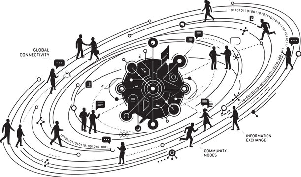 Global connectivity network illustration with human silhouettes interacting around a central digital hub in vector line art