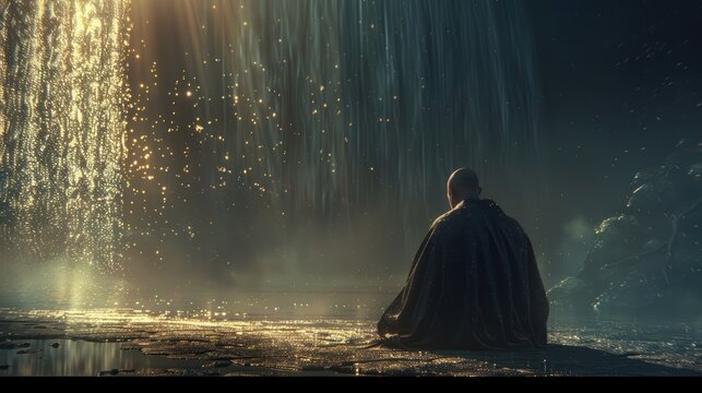 Mysterious Person Sitting by Waterfall Surrounded by Sparkling Light and Mist in Dreamlike Night Scene