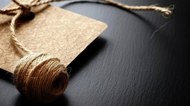 Natural Twine Rope and Kraft Paper Tag on Dark Surface for Crafting or Packaging