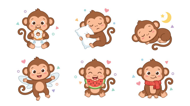 Cute Cartoon Monkey Set, Various Activities for Kids Vector