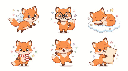 Obraz premium Cute cartoon fox character collection, set of playful woodland animals