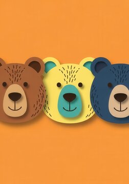 Three Cute Stylized Bear Heads in Paper Cut Style Illustration on Vibrant Orange Background for Children's Decor