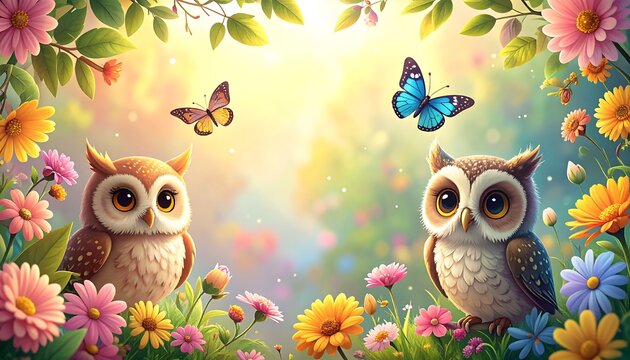 Cute Baby Owls Sitting Among Colorful Spring Flowers in Whimsical Forest Glade