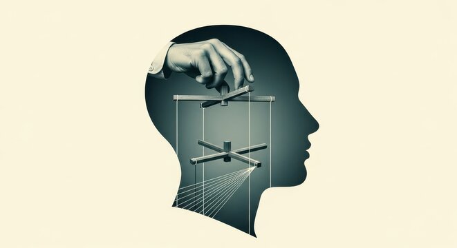 Conceptual Illustration of Mind Control and Manipulation with a Hand Pulling Strings Inside a Human Head Silhouette
