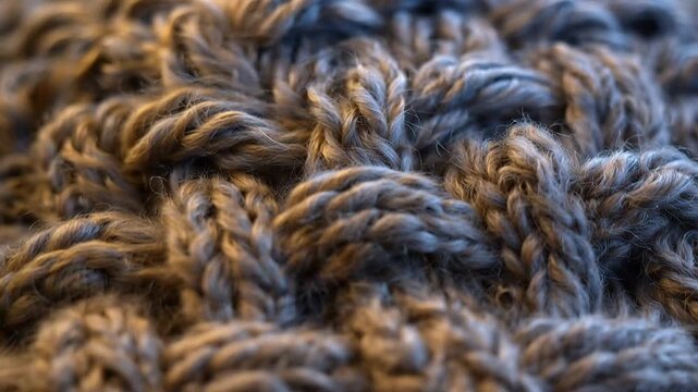 Close view of a woven pattern made from thick yarn showing detailed stitching taking place indoors during daylight hours