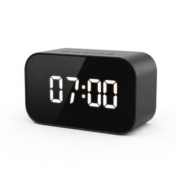 Black digital alarm clock displaying seven am with glowing white numbers on a white background