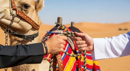 Obraz premium Arabian camel interaction with hands showing bond in desert environment. Close-up of camel adorned with colorful saddle and two hands connecting in gesture of friendship.