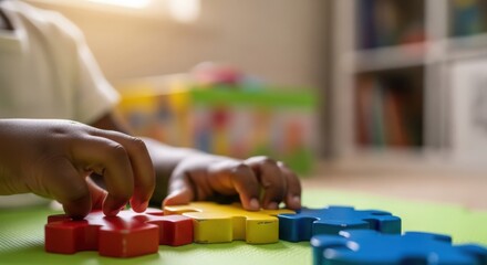 Fototapeta premium Child playing with colorful puzzle pieces on green play mat in bright room. Engaging activity includes red, blue, yellow, and green pieces arranged by little hands.