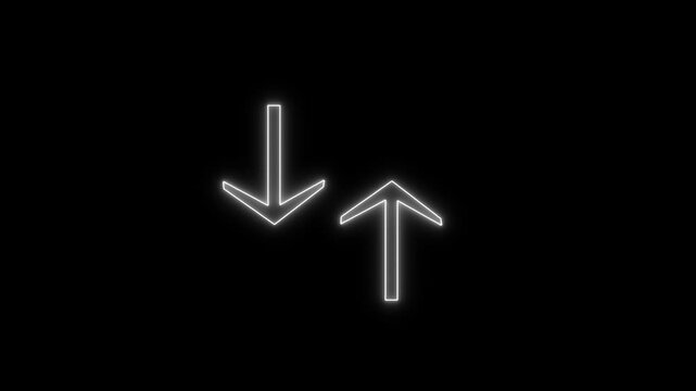 Pair of vertical up and down pointing white neon glowing arrows representing data transfer, sorting options, or currency exchange.