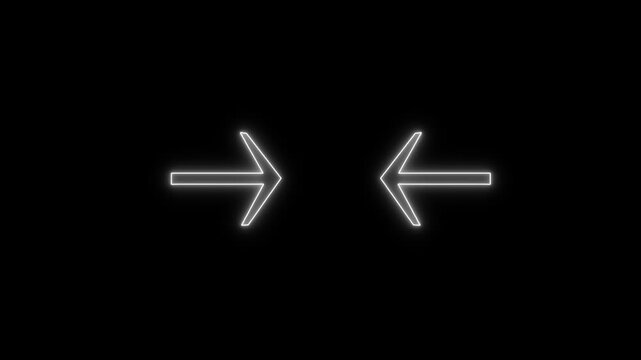Two white neon glowing horizontal arrows pointing inward at each other for compression, collision, or meeting point representation.