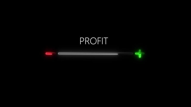 Financial profit text with an interactive loading bar slider showing positive green plus and negative red minus neon indicators. black background.