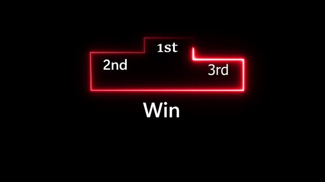 Modern neon glowing podium outline showing 1st, 2nd, and 3rd place rankings with winner text. Bright red luminous award stage design isolated on dark background.
