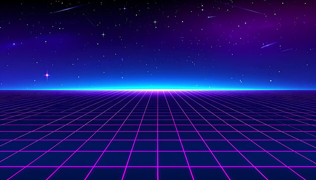 Retro futuristic digital grid landscape with neon glow and starry night sky, 80s synthwave aesthetic