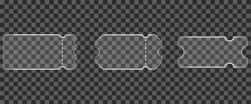 Liquid Glass Effect coupon icon set. Ticket blur effect collection. Transparent Glass Ticket Elements Collection
