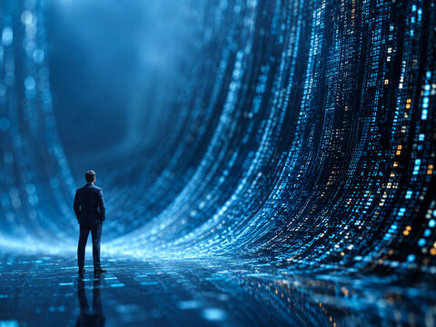 Businessman Standing Before a Futuristic Digital Data Wave