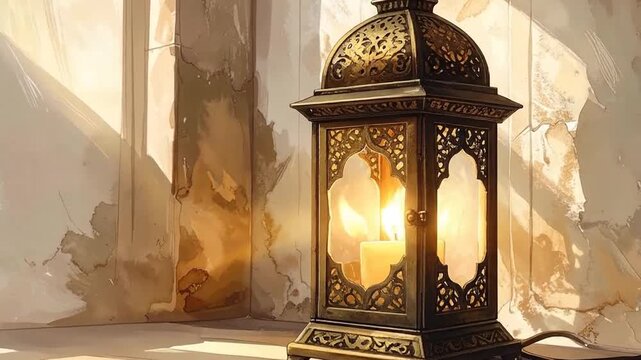 A decorative lantern with lit candles sits on a wooden surface indoors