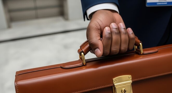 Businessman holding brown briefcase in modern office environment with elevator in background. Professional setup features formal attire and business accessories for corporate meetings.
