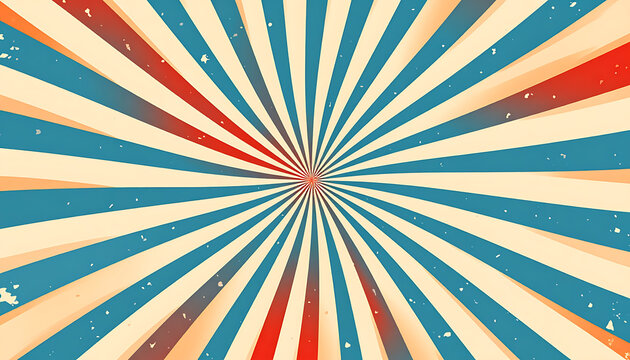 Retro sunburst pattern with distressed texture, radial stripes in blue, red, and cream, vintage abstract background
