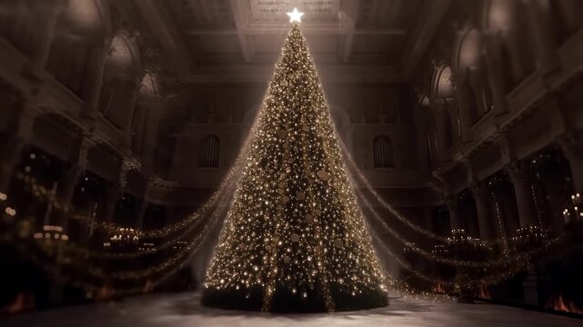 Majestic Christmas Tree in Grand Hall with Reflecting Lights