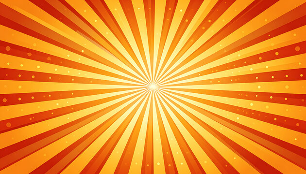 Retro sunburst pattern with radiating orange and yellow stripes, small sparkling confetti elements, vintage circus or spotlight effect