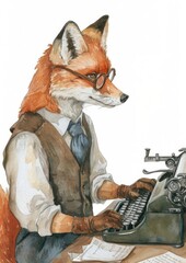 Naklejka premium Fox with spectacles watercolor animal mammal adult.