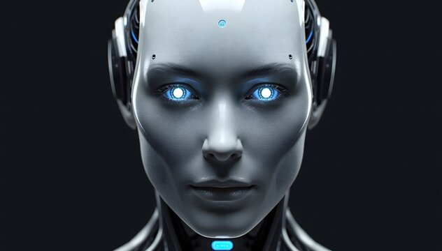 Futuristic female robot face with glowing blue eyes, humanoid android head portrait, artificial intelligence concept on dark background