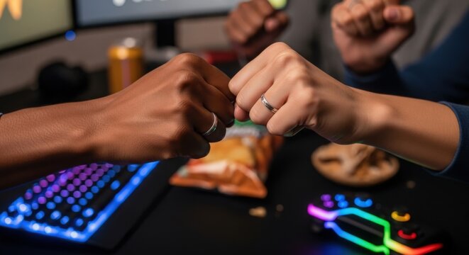 Gaming friends fist bump with computer setup, snacks, and colorful keyboard on tabletop. Fist bump signifies excitement and teamwork among gamers enjoying lively gaming session.