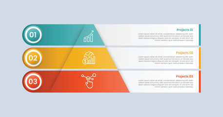 Obraz na płótnie Canvas Pyramid base shape infographic with glossy gradient style with simple triangle with long rectangle extrusion with circle badge inside with three segment information
