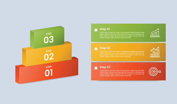 Pyramid base shape infographic with glossy gradient style with 3d shape stack with tilt orientation and rectangle box stacked list with three segment information