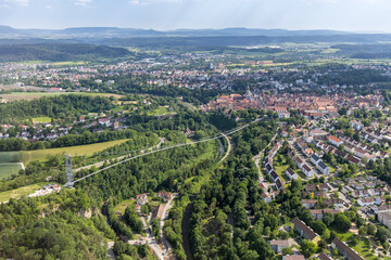 Obraz premium Suspension bridge Neckarline over Neckar river from above in Rottweil, Germany