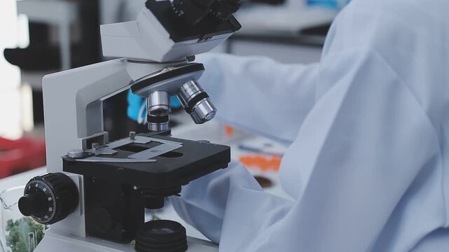 Close up scene of researcher examining alternative protein powder in sterile lab conditions with organized instruments promoting eco forward food innovation for sustainable biotechnology and nutrition