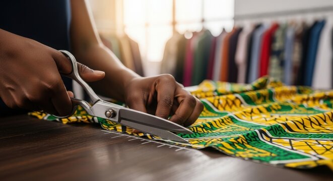 Tailoring process with hands cutting colorful fabric on wooden table. Tailoring includes precision cutting of vibrant cloth with scissors for creating fashionable clothing.