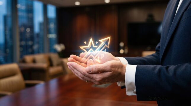Business Success Concept with Glowing Achievement Icon, Professional Holding Symbol of Growth and Excellence in Luxury Corporate Environment, Leadership, Performance and Goal Accomplishment