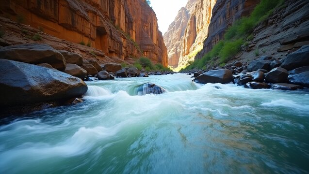 A turquoise river rushes through a sunlit canyon, churning over smooth dark boulders. Tall, warm-toned rock walls and patches of greenery frame the fast-moving water, creating a dramatic natural scene