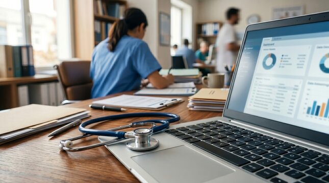 Stethoscope on laptop computer with medical data analytics dashboard screen in busy clinic office
