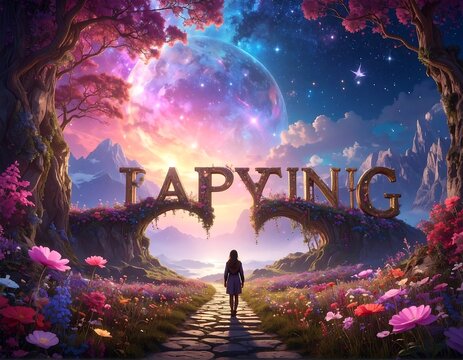 Fantasy Woman Walking Toward Giant Tapying Sign in Dreamlike Cosmic Flower Valley