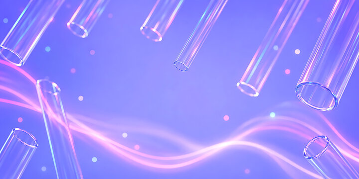 Futuristic Abstract Background with Floating Transparent Glass Tubes and Glowing Neon Light Waves. High-Quality 3D Rendered Digital Art for Modern Creative Projects.