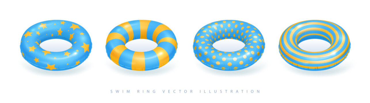 Set of 3d realistic striped blue and yellow inflatable swim rings isolated on white background. Pool float icons. Vector illustration